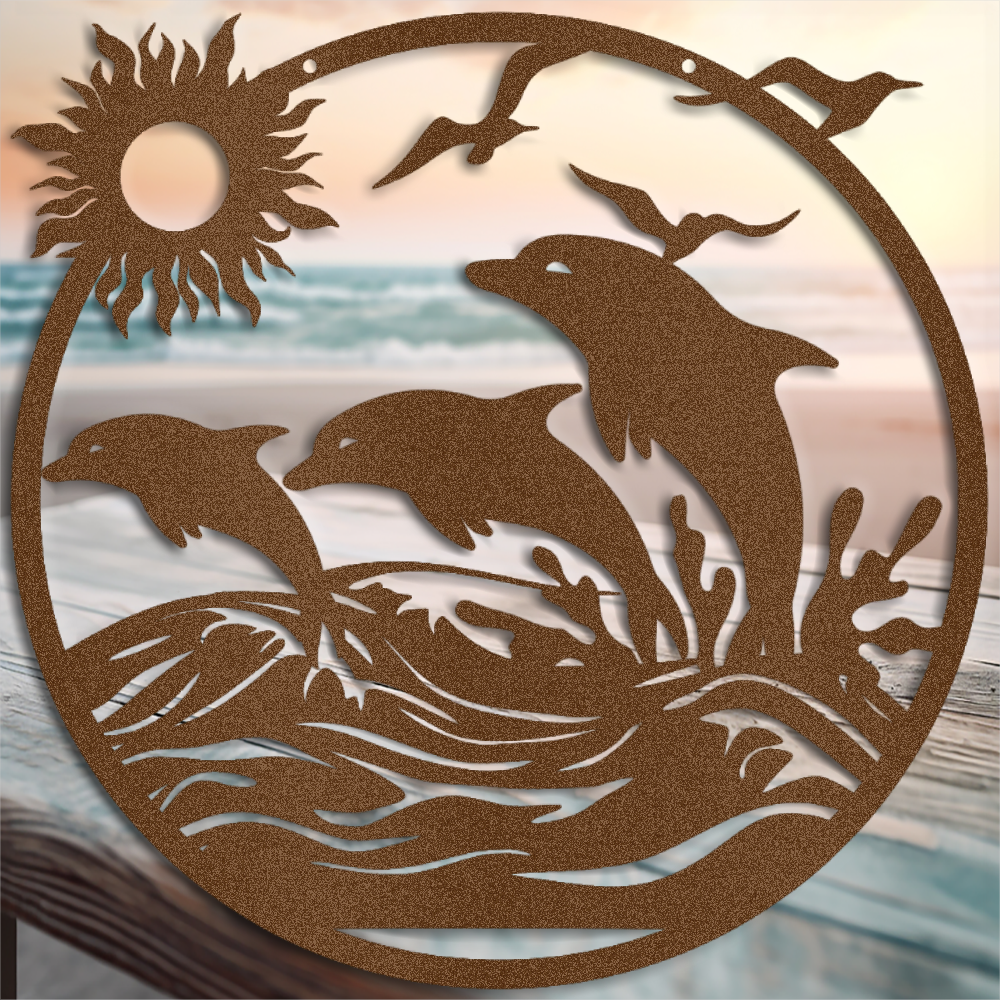 Majestic Dolphins Jumping in Ocean Scene - Indoor or Outdoor Metal Wall Art