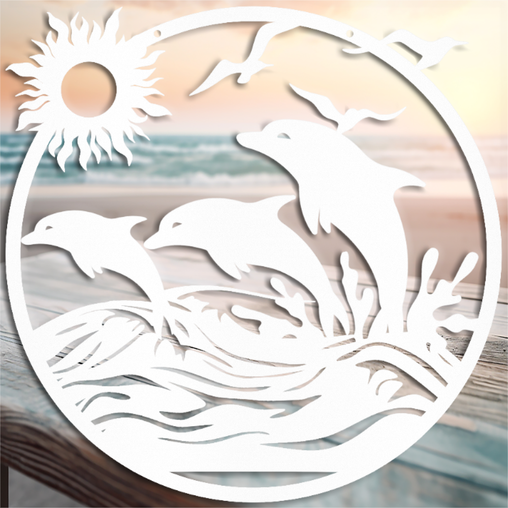 Majestic Dolphins Jumping in Ocean Scene - Indoor or Outdoor Metal Wall Art