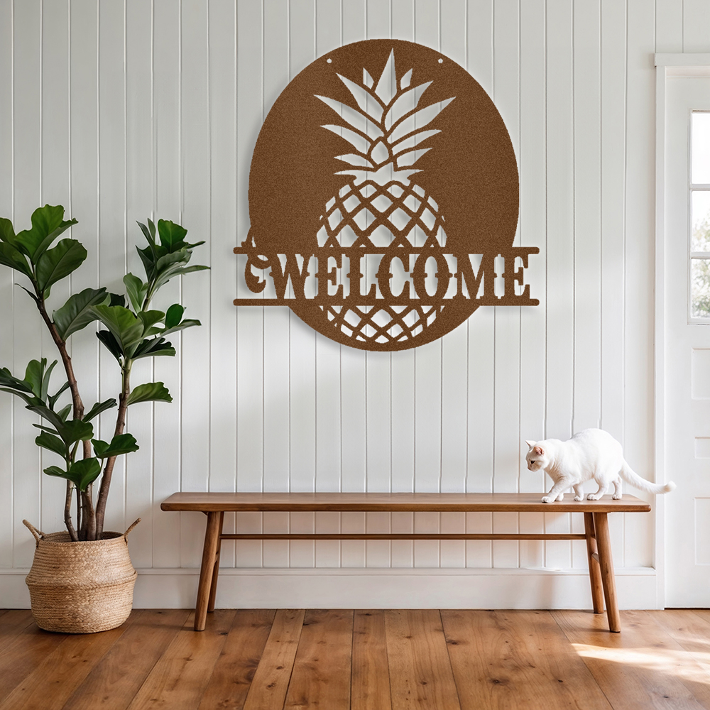 "Pineapple Welcome Sign: Elevate Your Home with Metal Wall Art"