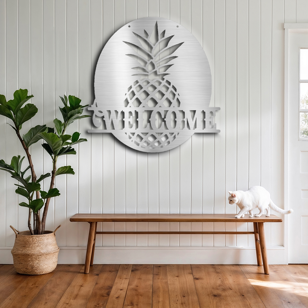 "Pineapple Welcome Sign: Elevate Your Home with Metal Wall Art"