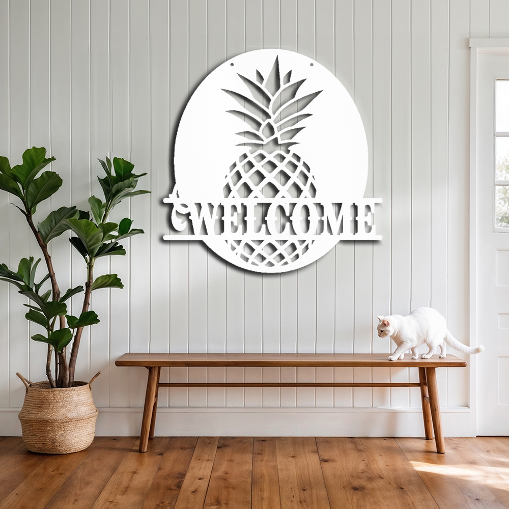 "Pineapple Welcome Sign: Elevate Your Home with Metal Wall Art"