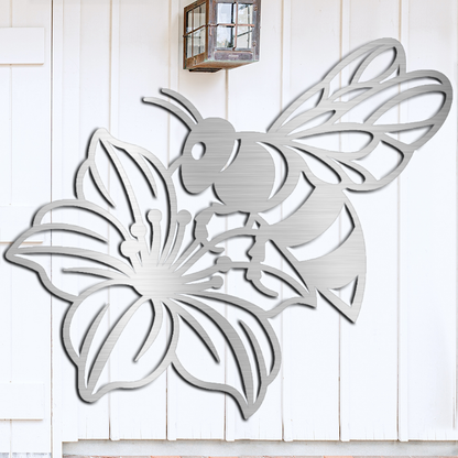 Bumble Bee pollinating a flower, decorative metal sign