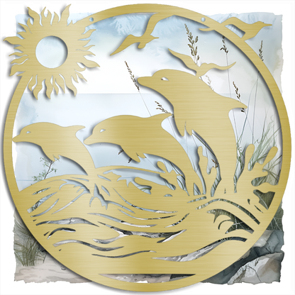 Majestic Dolphins Jumping in Ocean Scene - Indoor or Outdoor Metal Wall Art