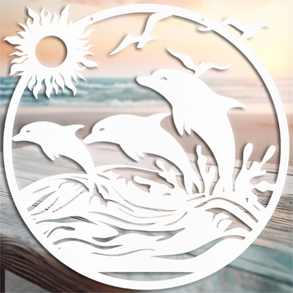 Majestic Dolphins Jumping in Ocean Scene - Indoor or Outdoor Metal Wall Art