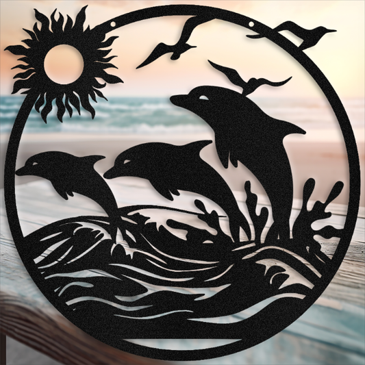 Majestic Dolphins Jumping in Ocean Scene - Indoor or Outdoor Metal Wall Art