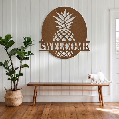 "Pineapple Welcome Sign: Elevate Your Home with Metal Wall Art"