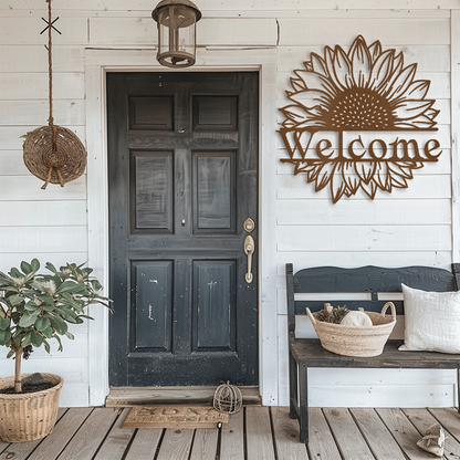 Rustic Sunflower Welcome Sign - Indoor/Outdoor Metal Wall Art