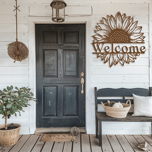 Rustic Sunflower Welcome Sign - Indoor/Outdoor Metal Wall Art